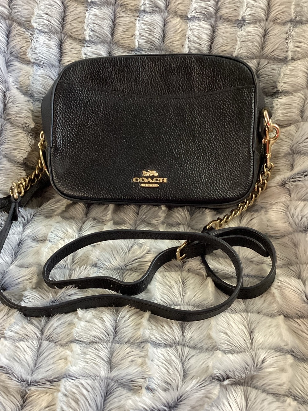 Coach Black Pebbled Leather Crossbody with Gold Chain Accent